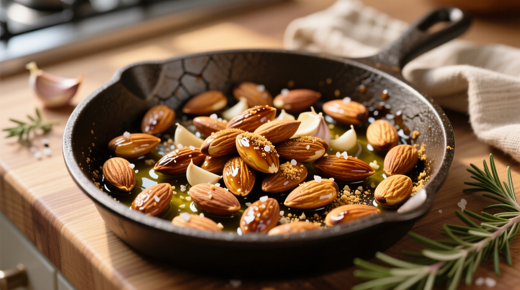 Homemade garlic roasted almonds in baking pan