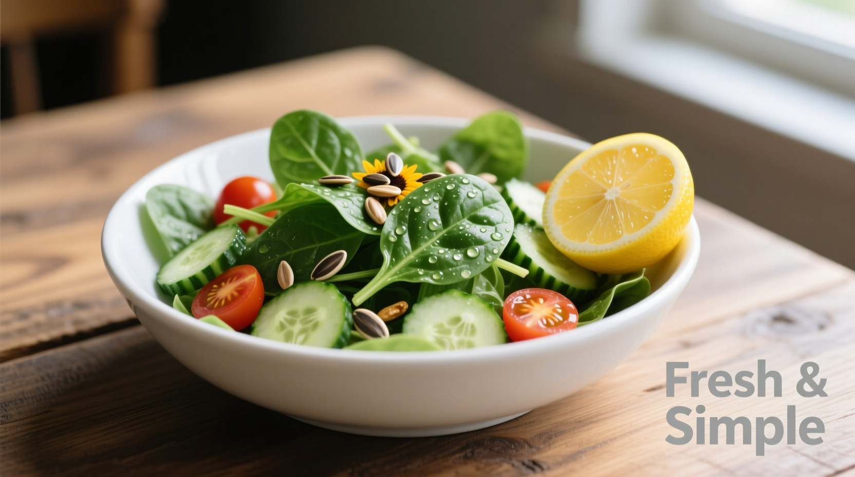 Fresh spinach salad in white bowl with lemon wedge