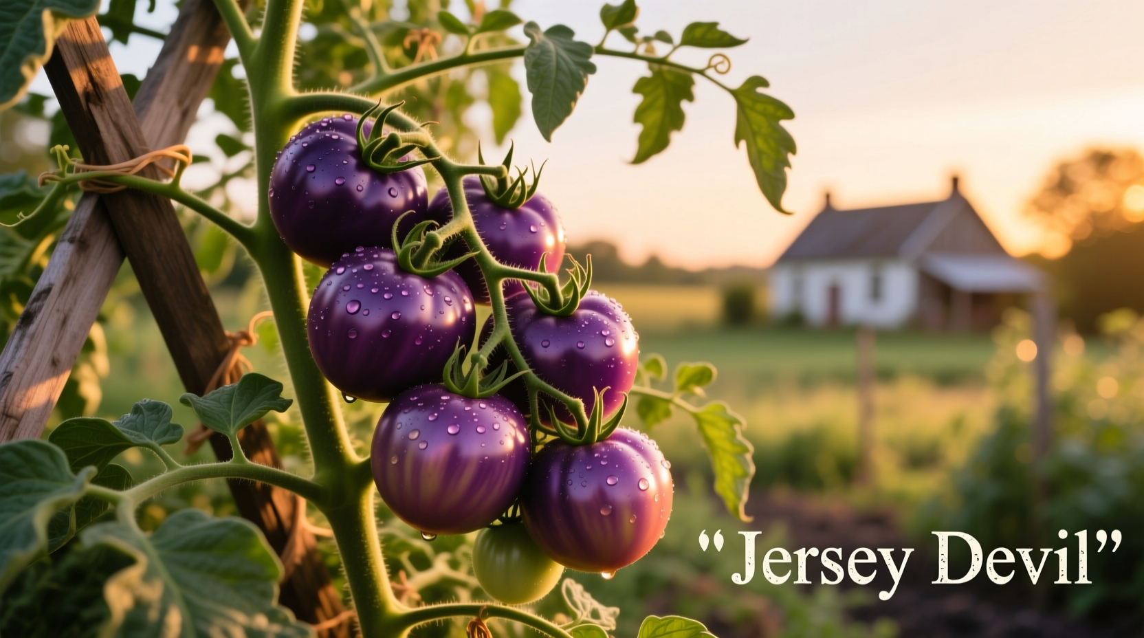 Ripe Jersey Devil tomatoes on vine with characteristic purple hue