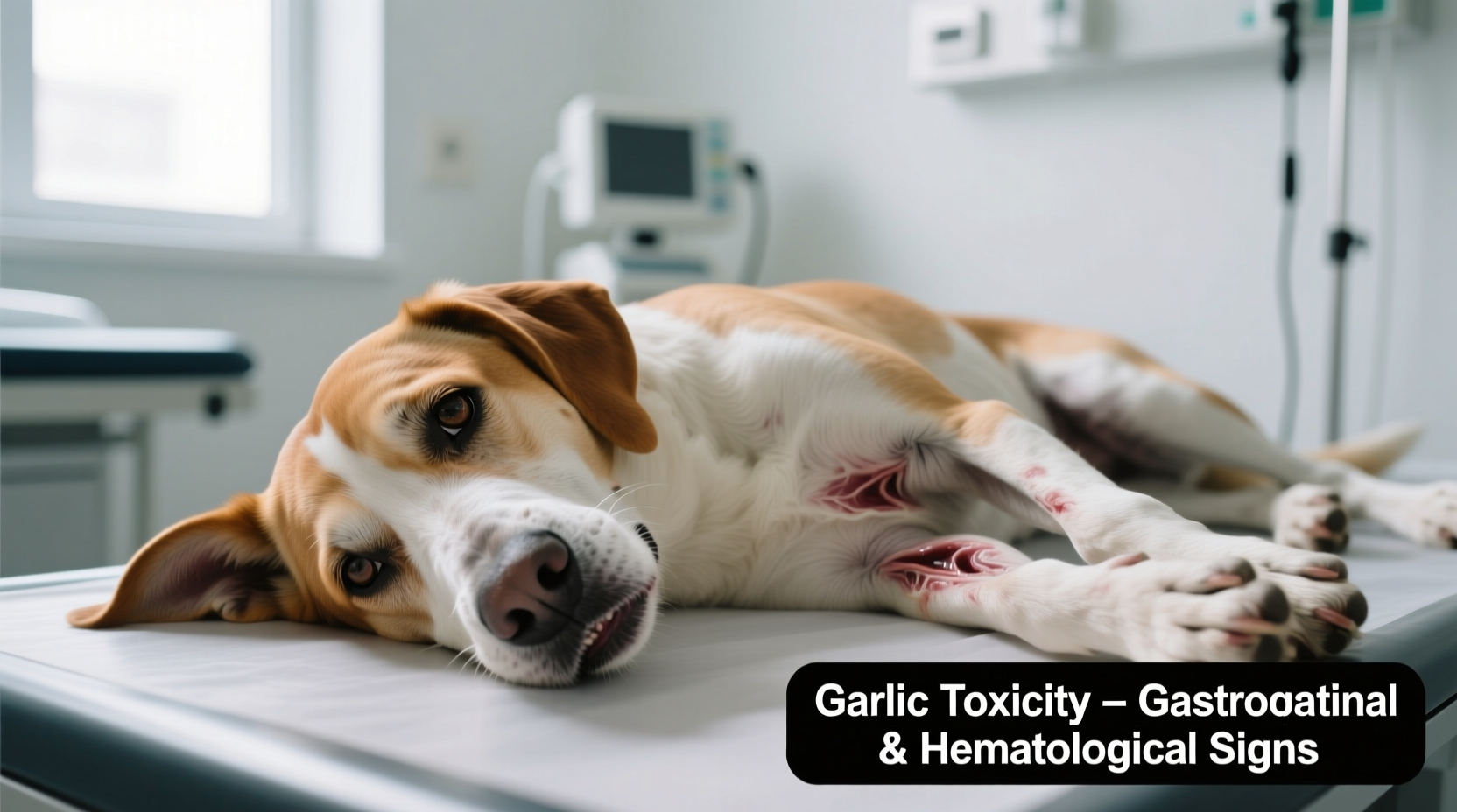Dog showing signs of garlic toxicity including lethargy and pale gums