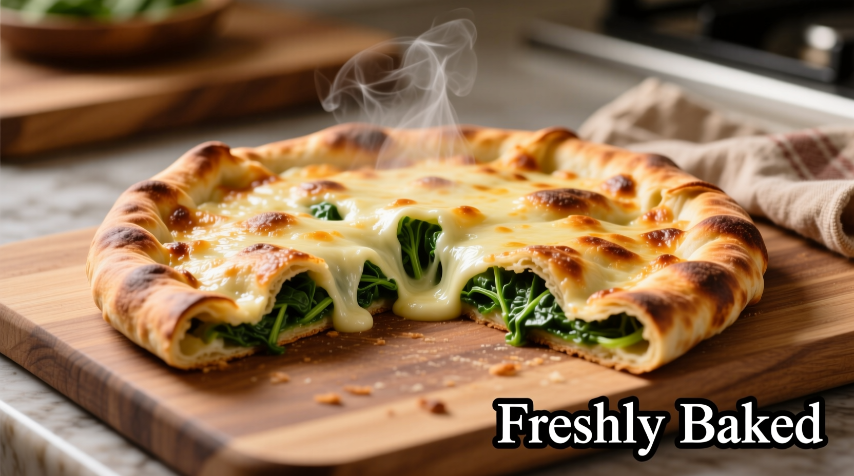 Golden brown spinach calzone cut open showing melted cheese and spinach filling