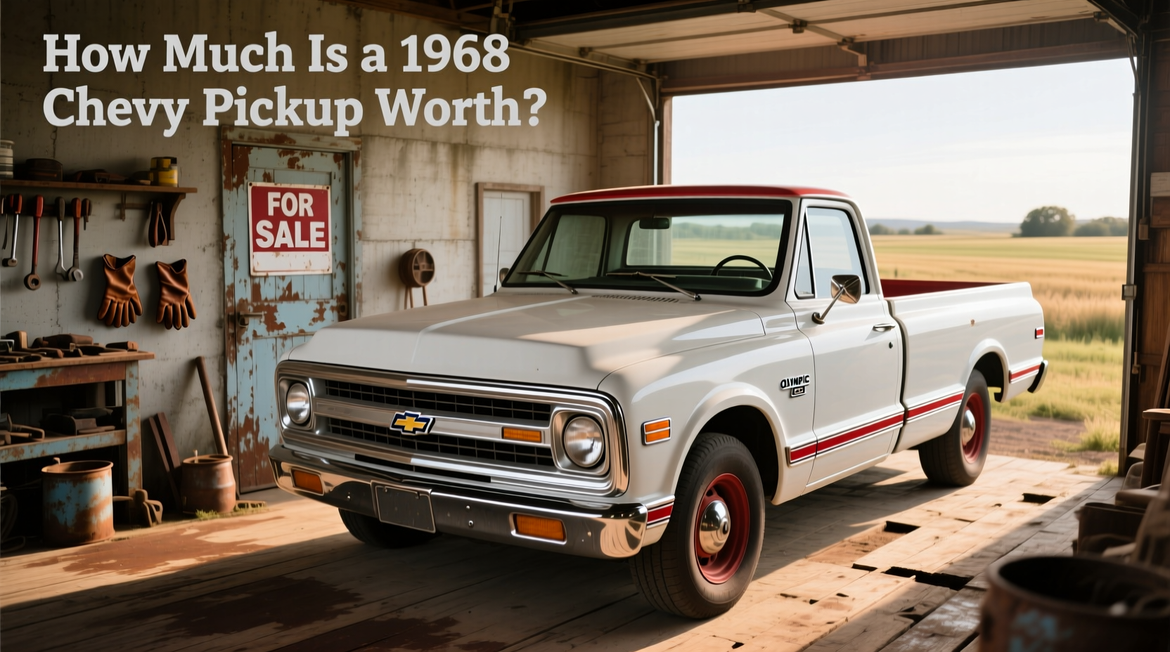 1968 Chevrolet C20 pickup truck parked in field with sunset backdrop
