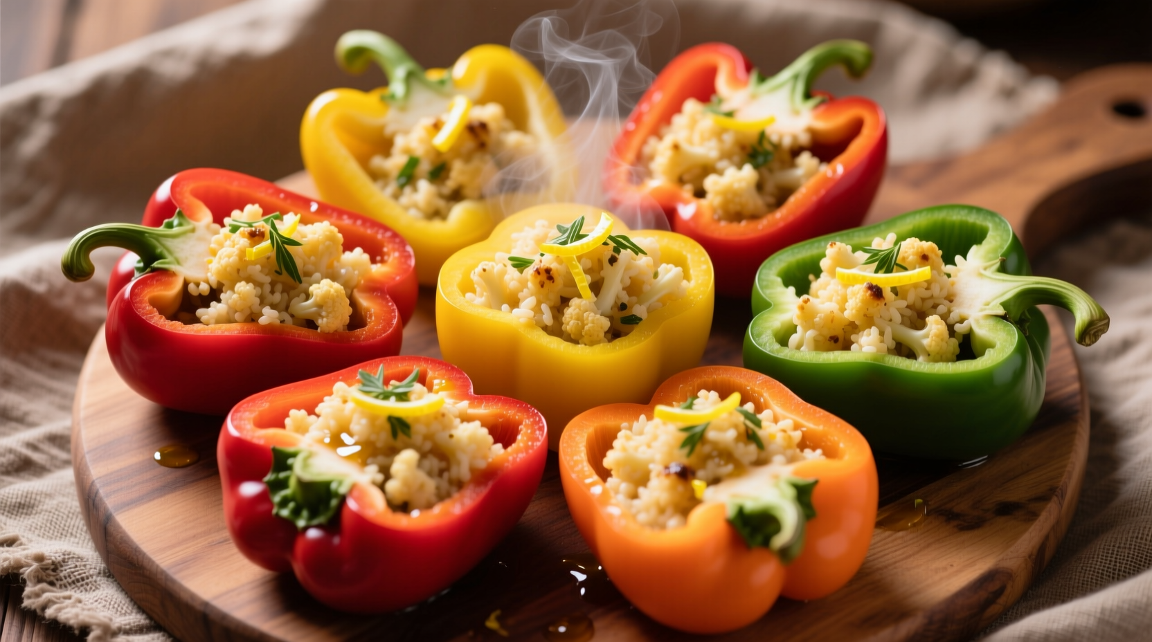Colorful bell peppers stuffed with cauliflower rice mixture