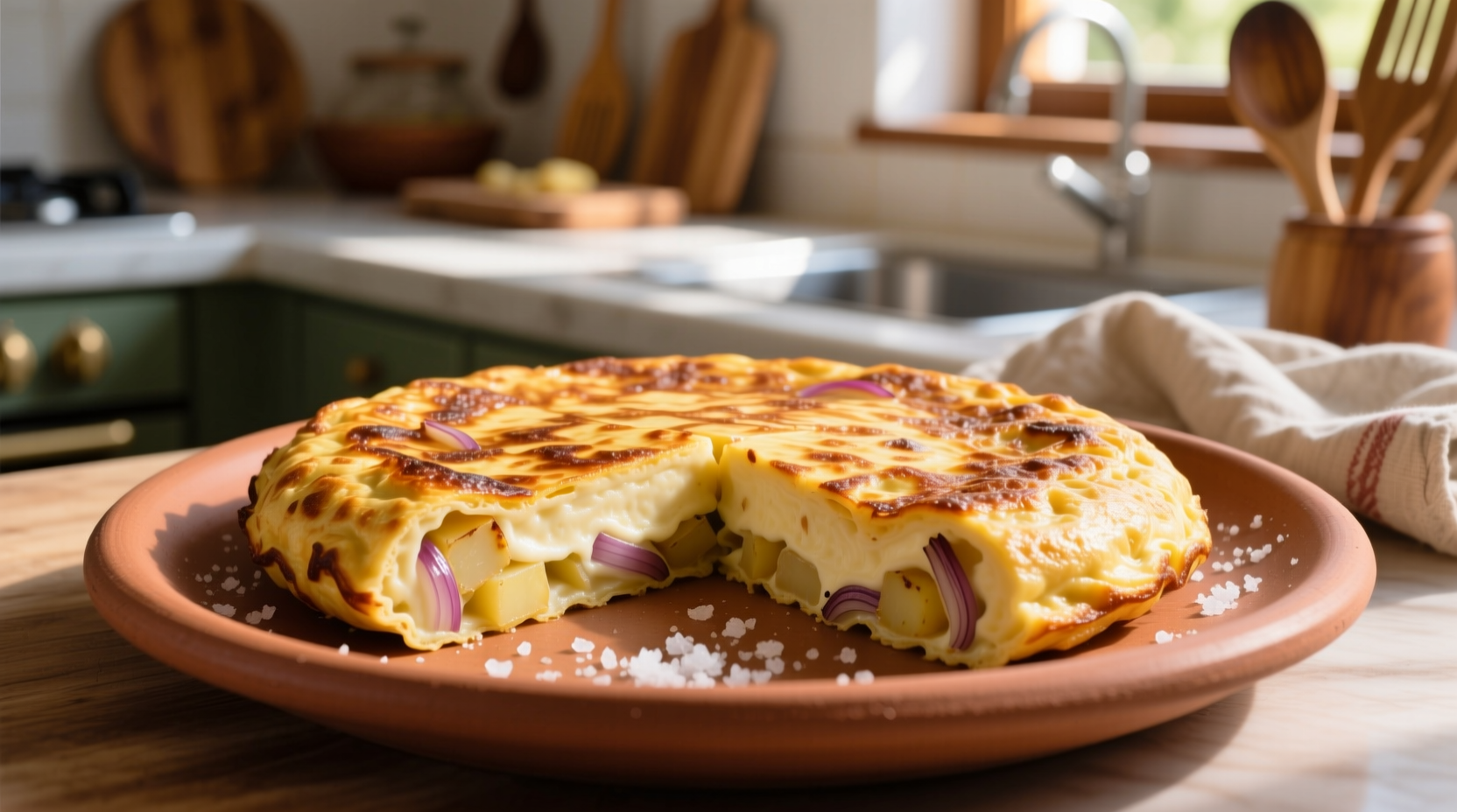 Perfectly cooked Spanish potato omelet with golden crust