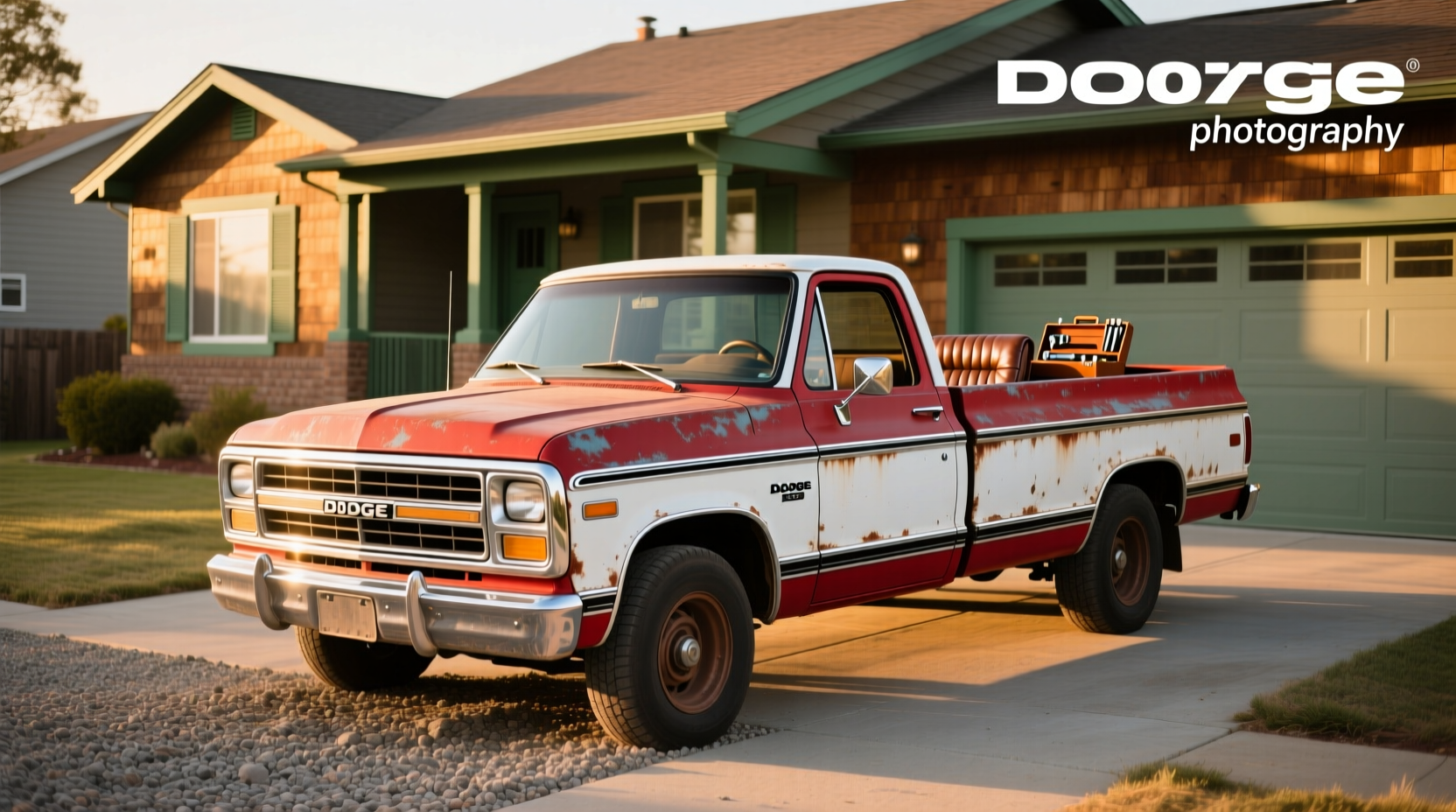 Side view of a restored 1987 Dodge D100 pickup truck on city street