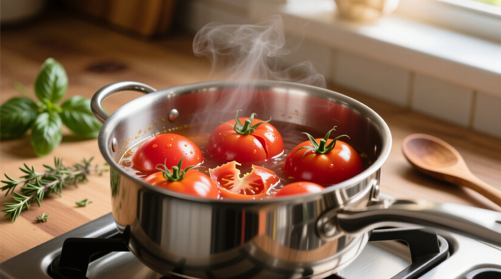 Fresh tomatoes simmering in stainless steel pot