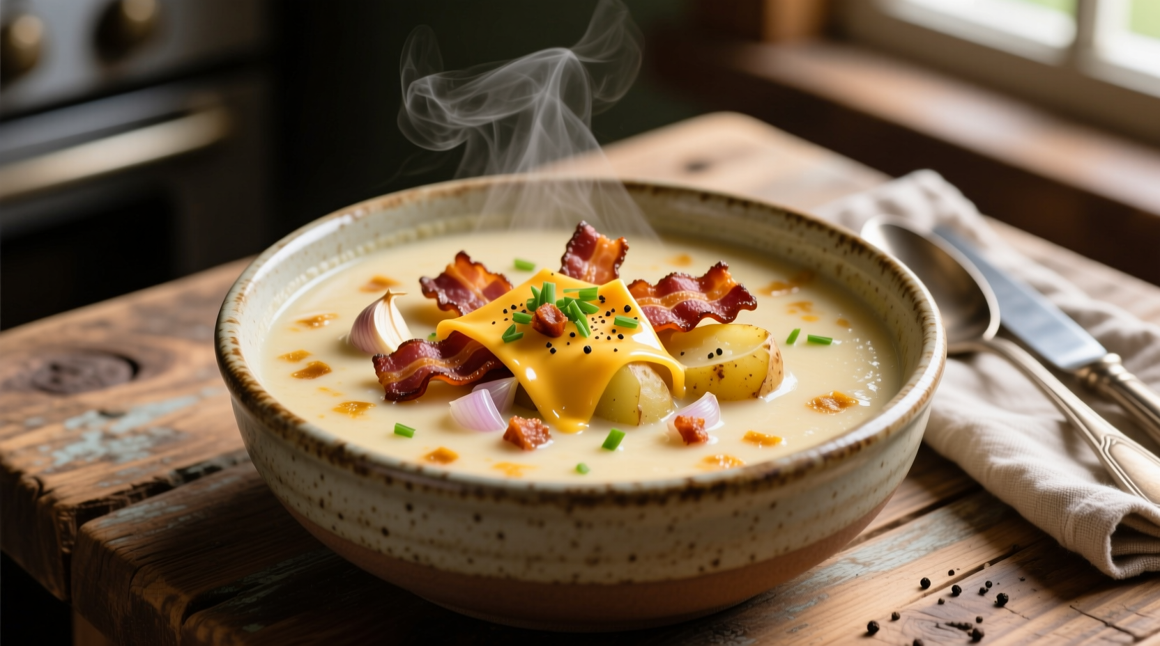 Creamy loaded potato soup with bacon and cheddar