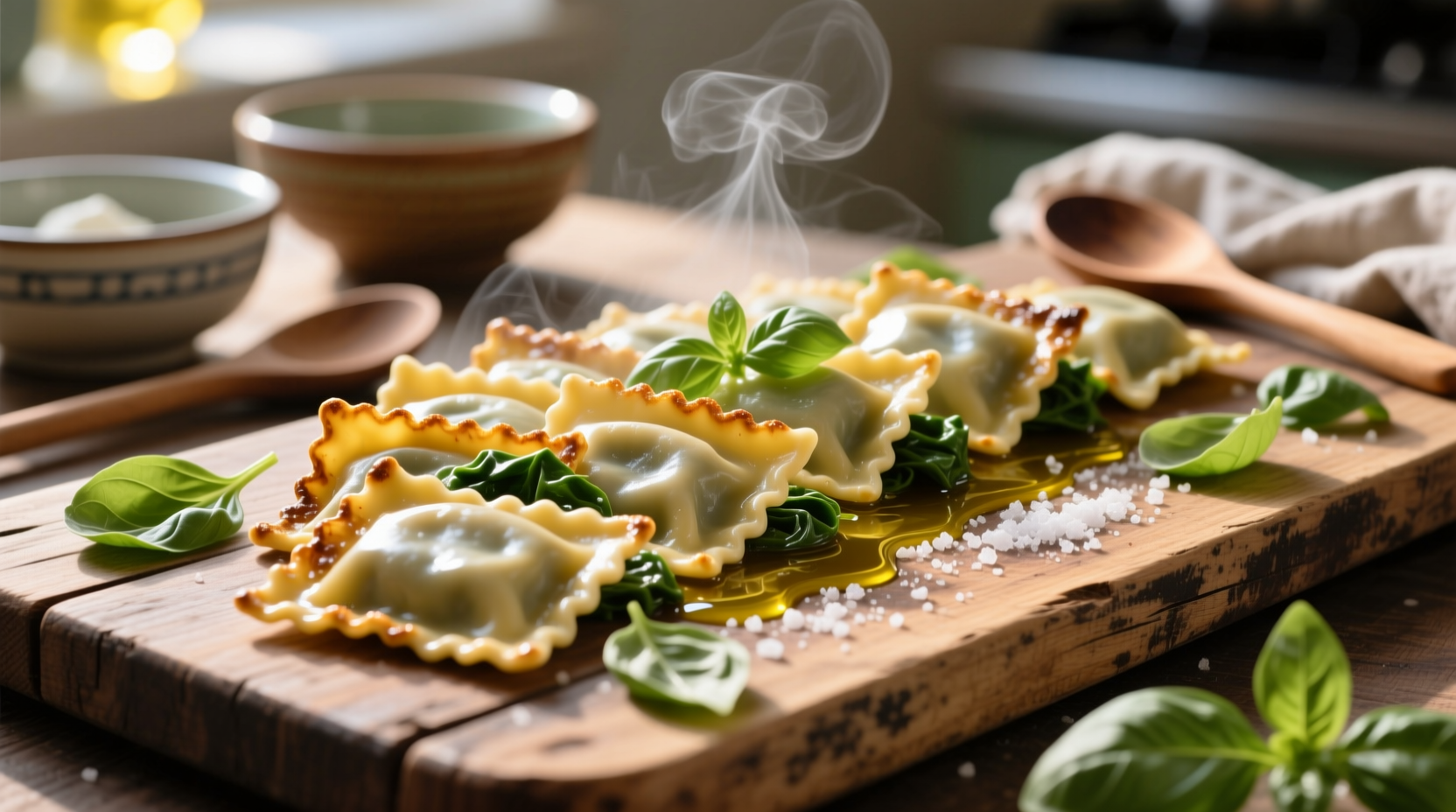 Fresh ricotta spinach ravioli on wooden board