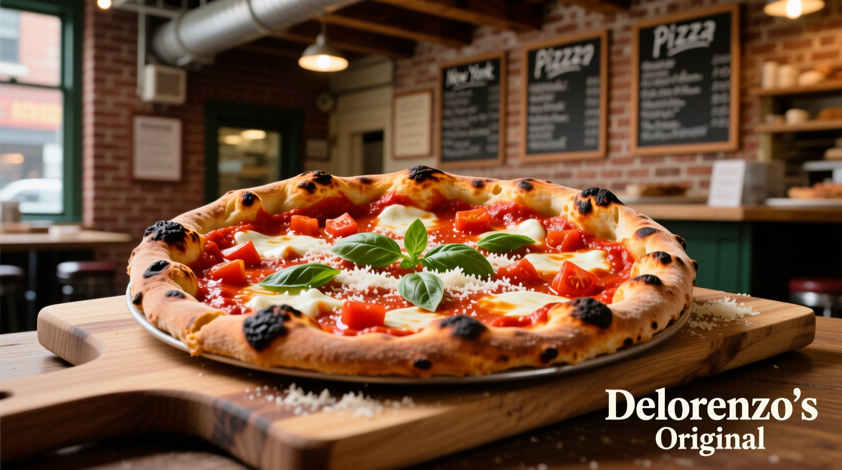 Authentic Delorenzo's tomato pie with crispy crust and vibrant red sauce