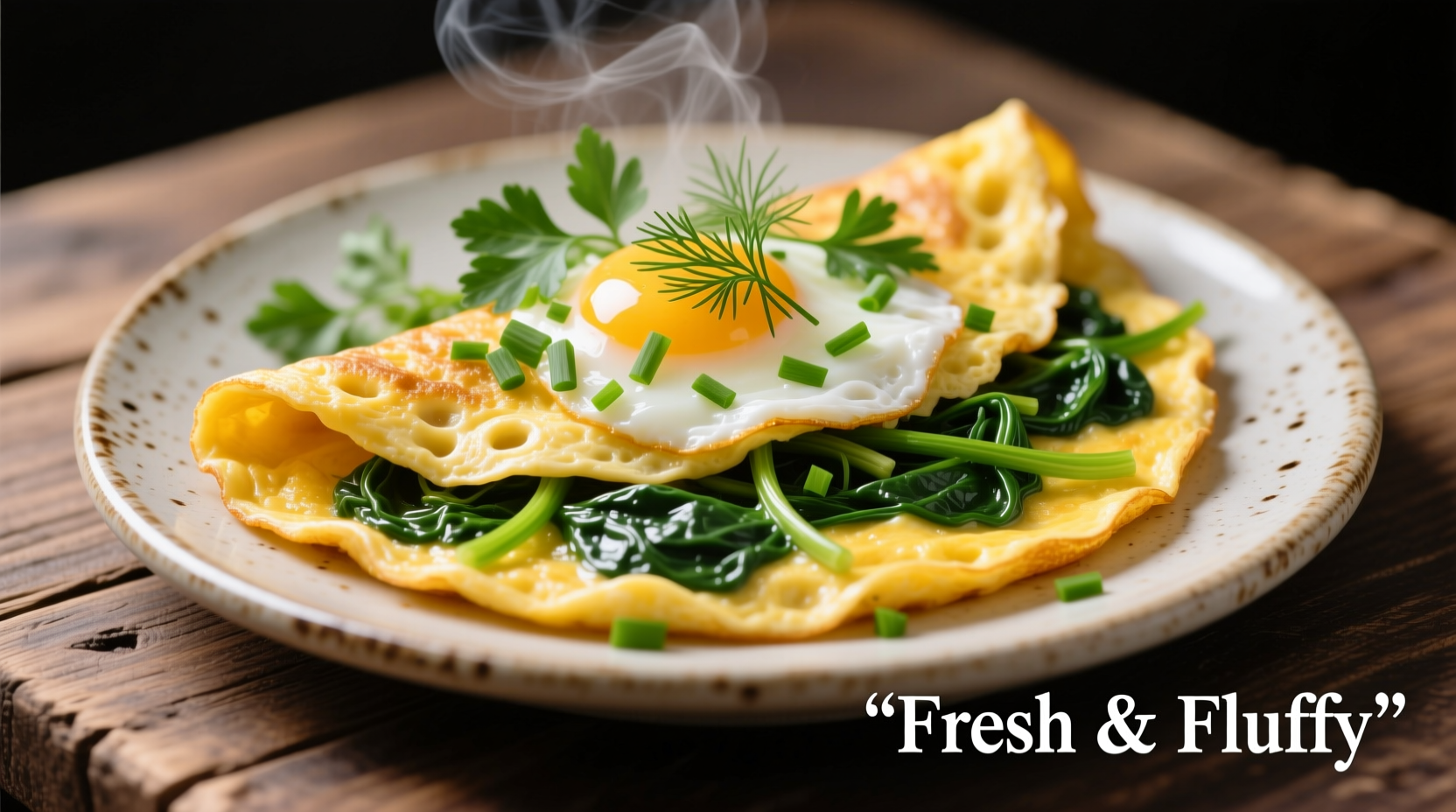 Fluffy egg and spinach omelette with fresh herbs