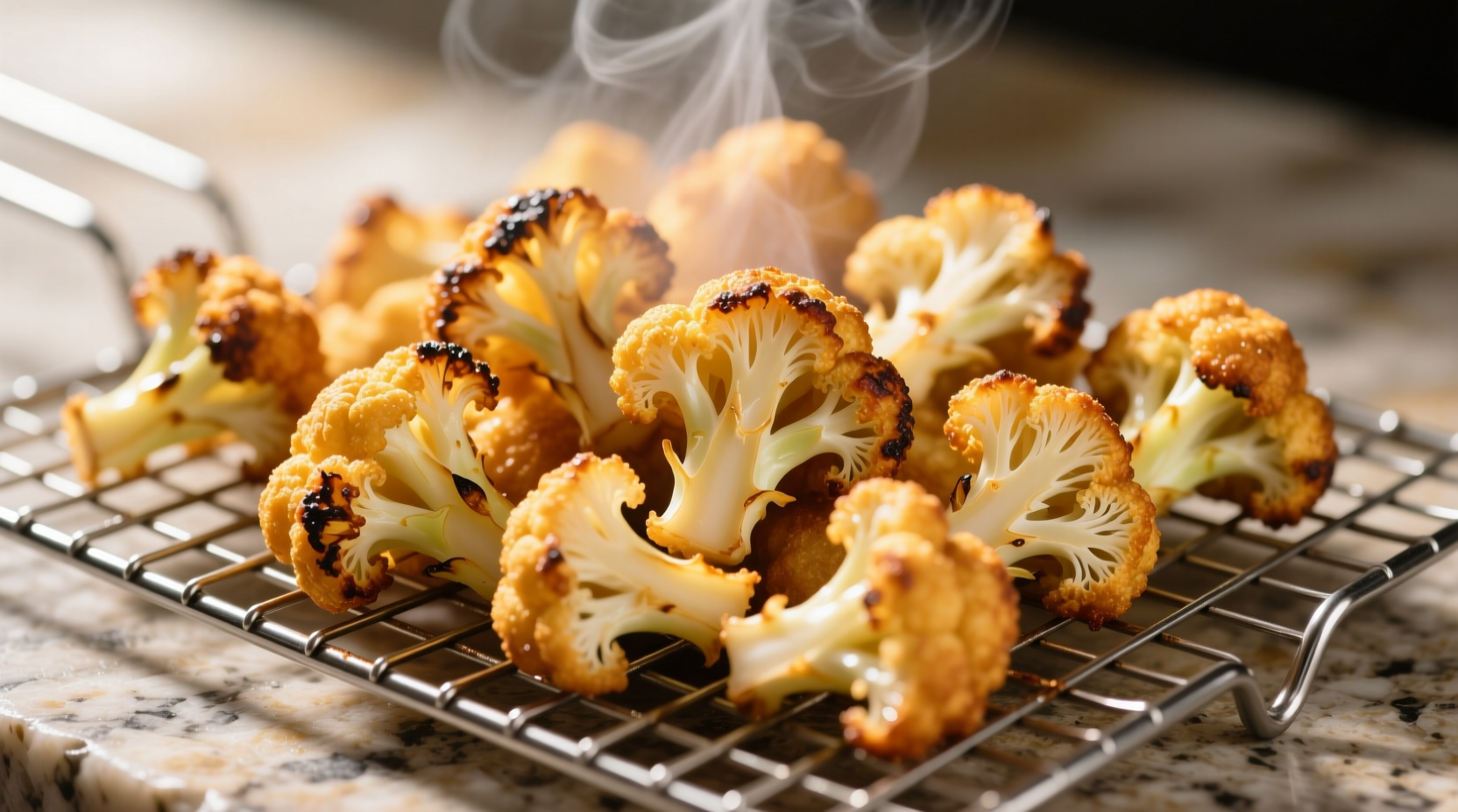 Golden fried cauliflower florets on wire rack