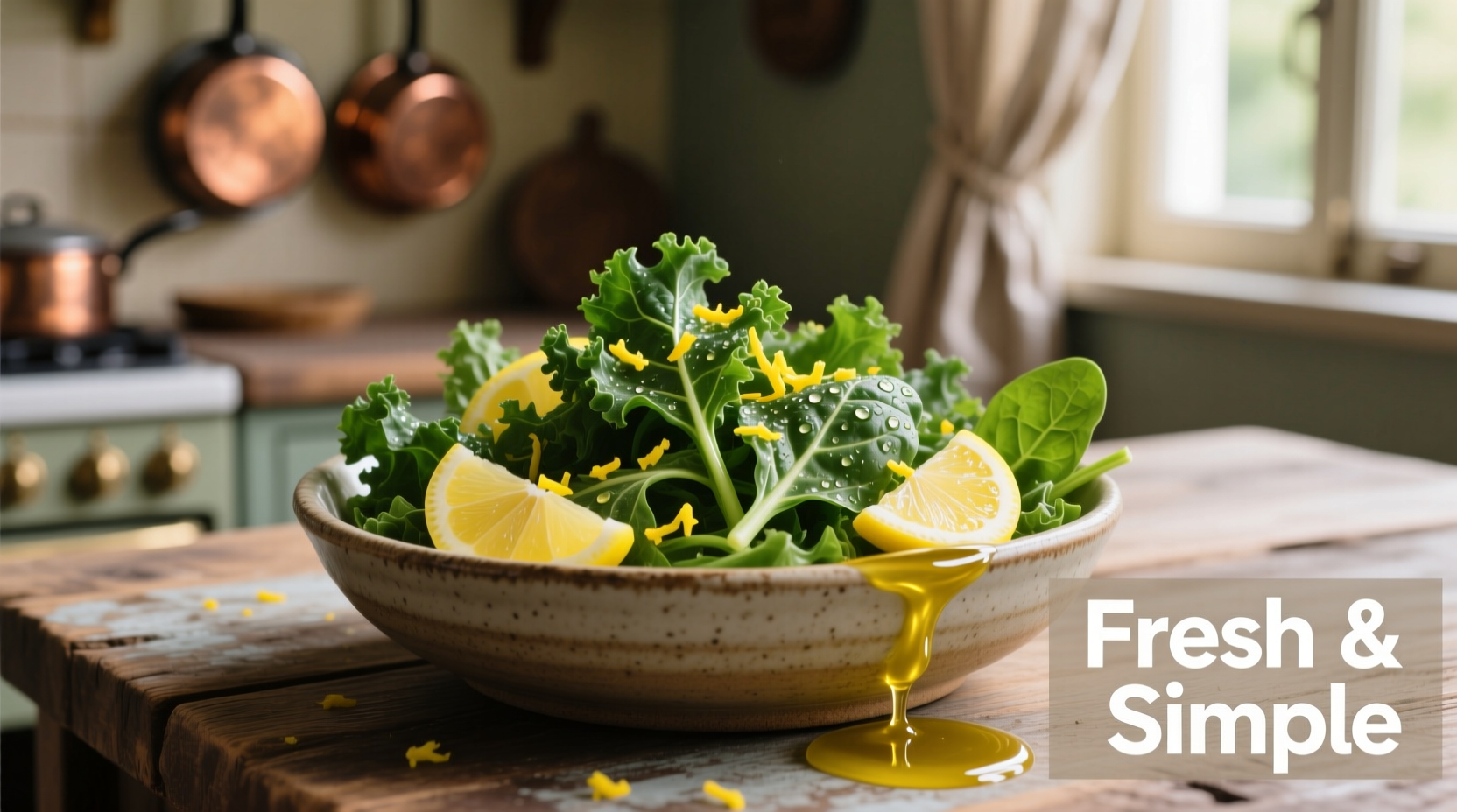 Fresh kale and spinach salad with lemon dressing