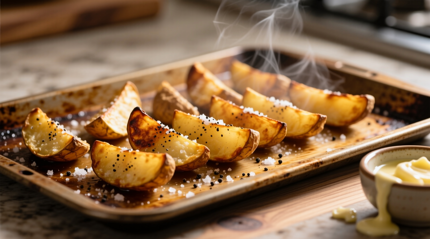 Golden brown homemade potato wedges on a baking sheet