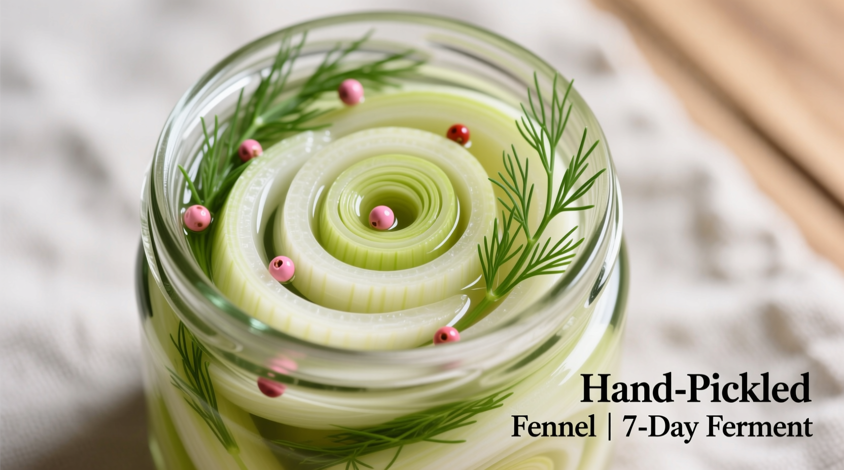 Fresh pickled fennel bulb slices in glass jar with herbs