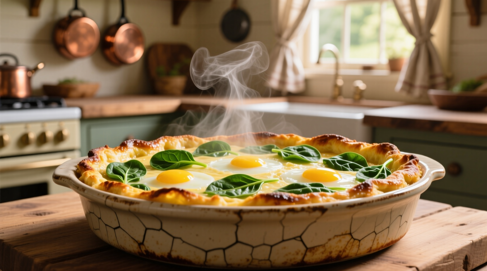 Golden spinach and egg casserole fresh from oven