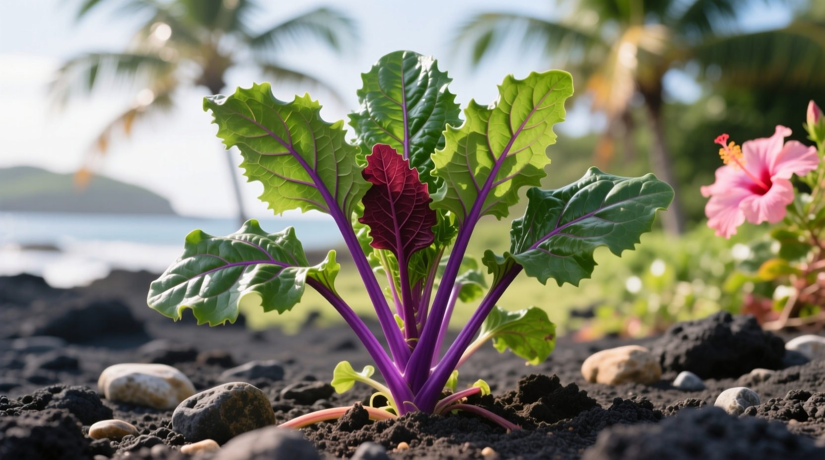 Okinawa spinach plant showing purple stems and green leaves