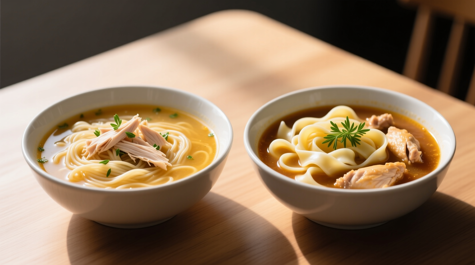 Side-by-side comparison: mushy thin noodles vs. intact wide egg noodles in chicken soup