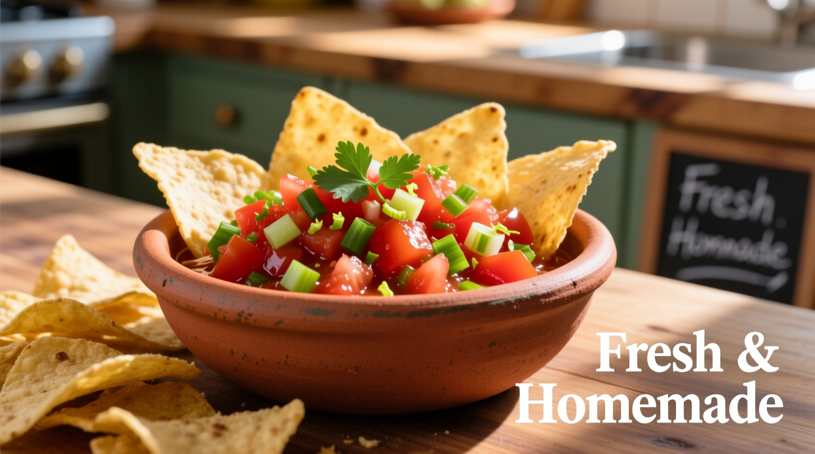 Fresh tomato salsa in clay bowl with tortilla chips