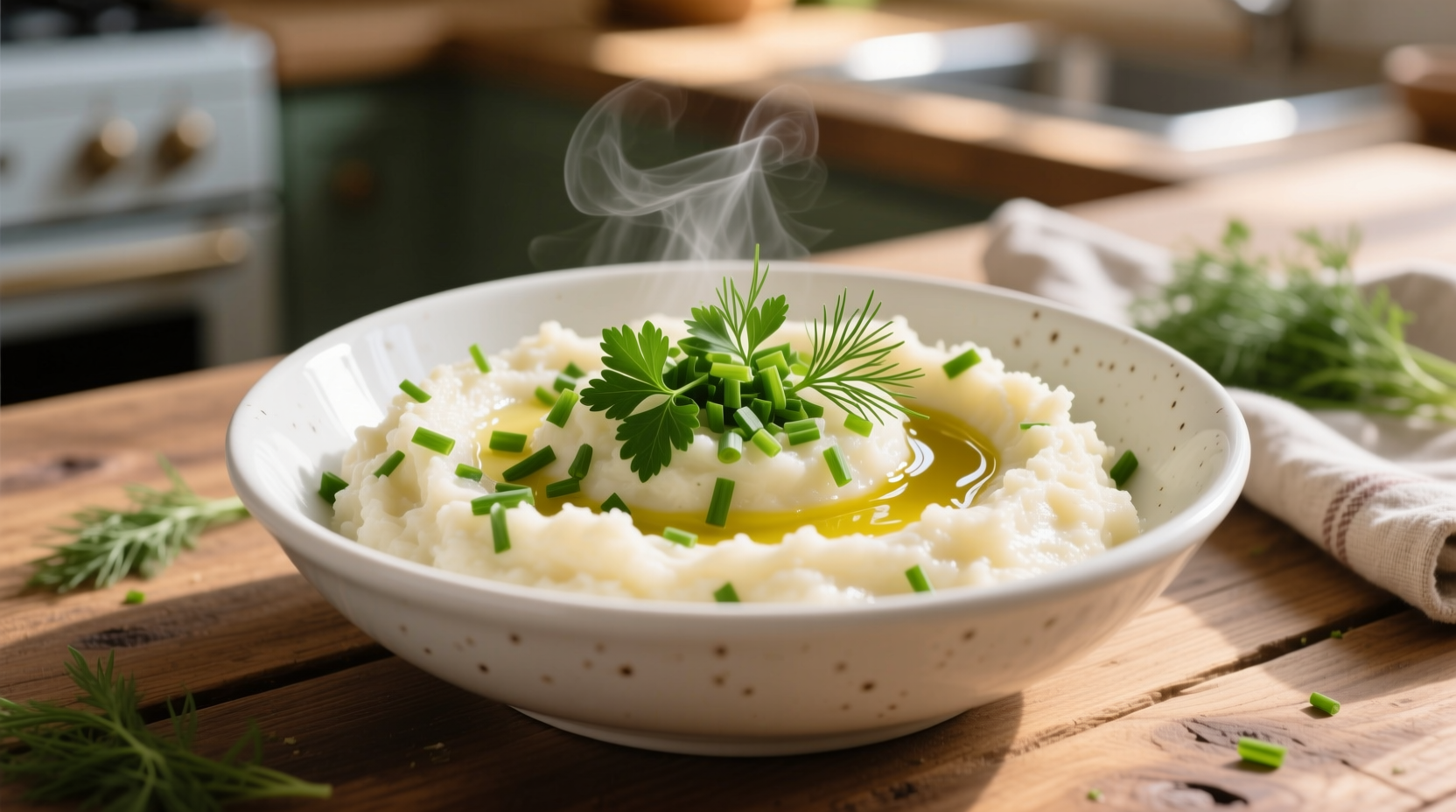Creamy cauliflower mash in white bowl with fresh herbs