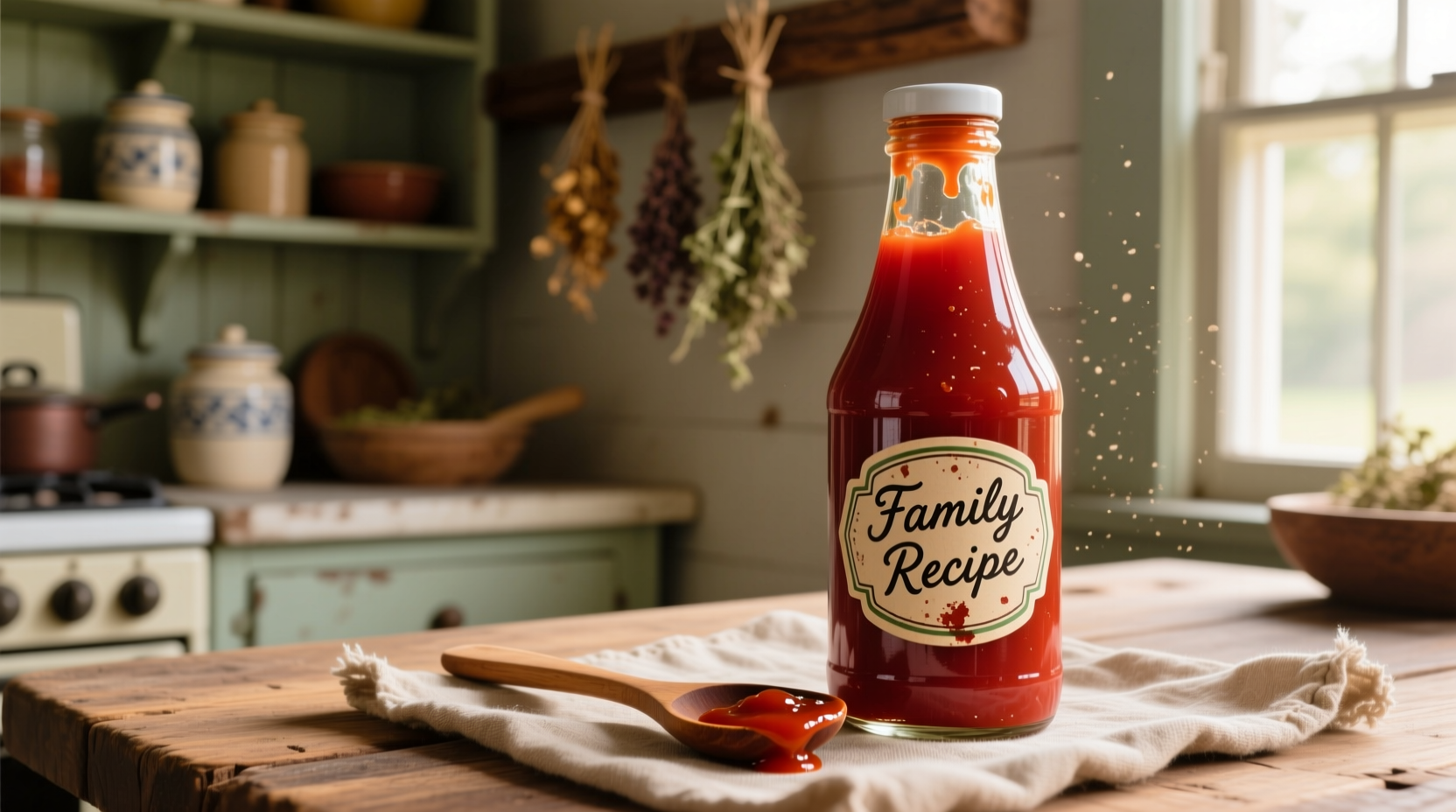 Homemade tomato ketchup in glass bottle
