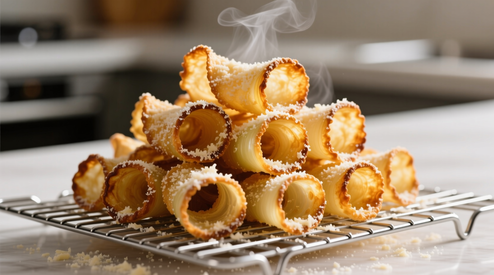 Golden parmesan onion crisps on wire rack