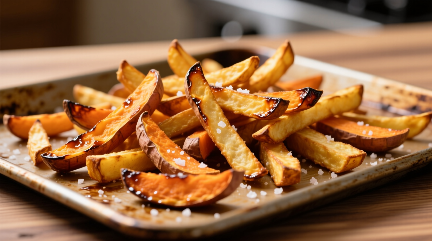 Crispy golden Ore-Ida sweet potato fries on baking sheet