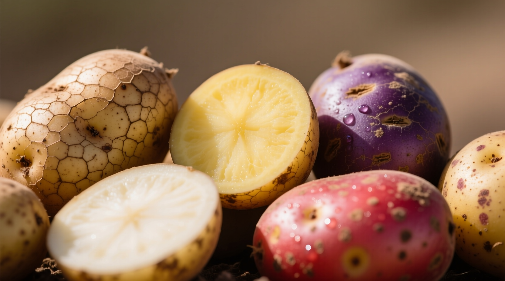 Close-up of different potato varieties showing skin texture and flesh color