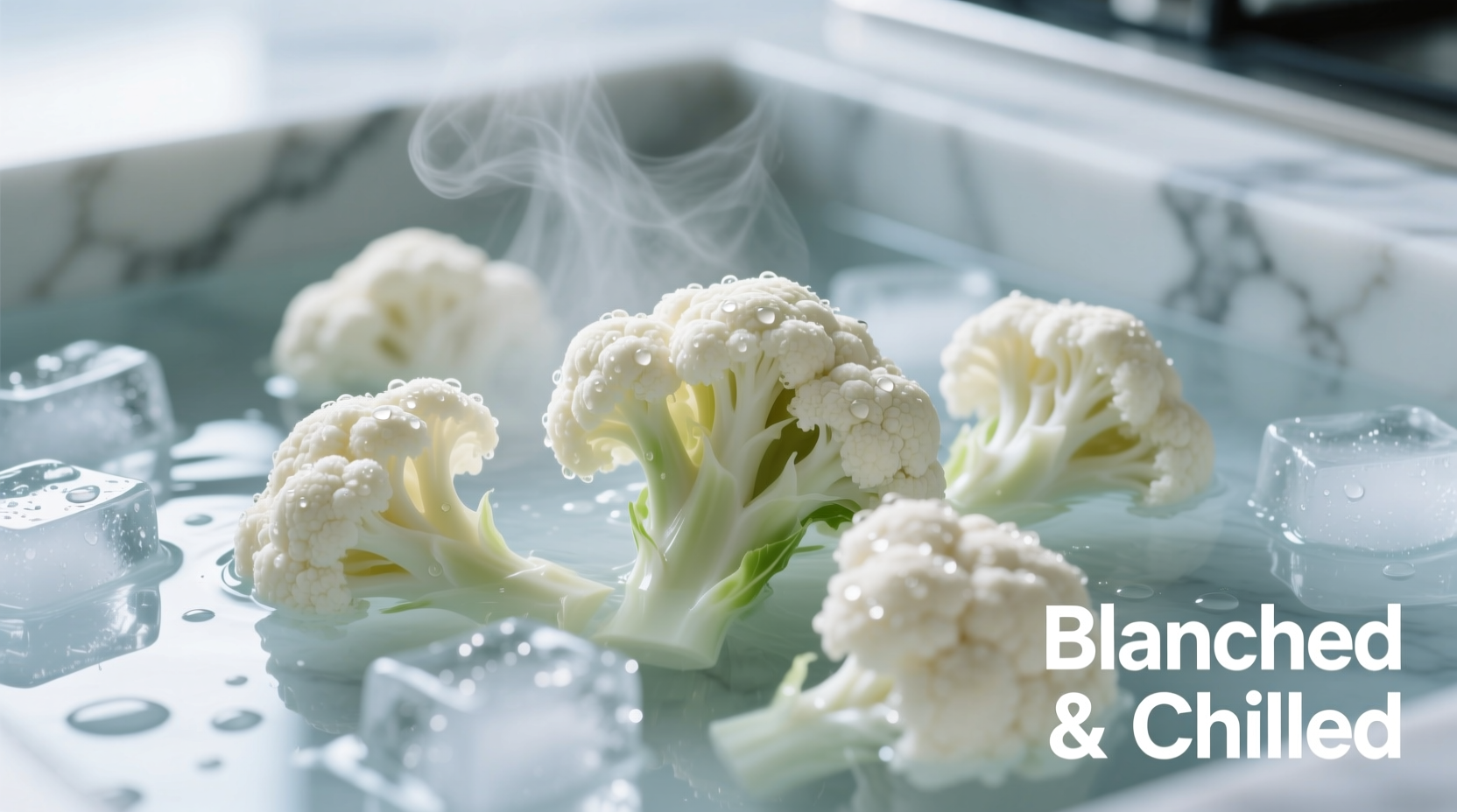 Cauliflower florets in ice bath after blanching