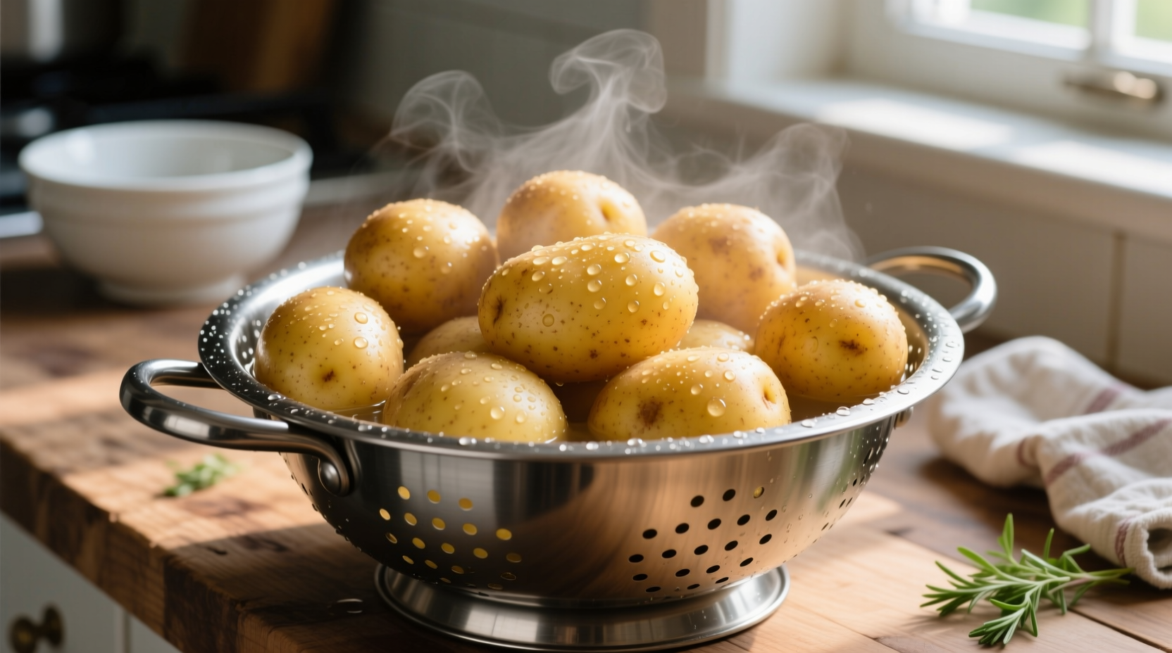 Perfectly boiled Yukon Gold potatoes in a colander