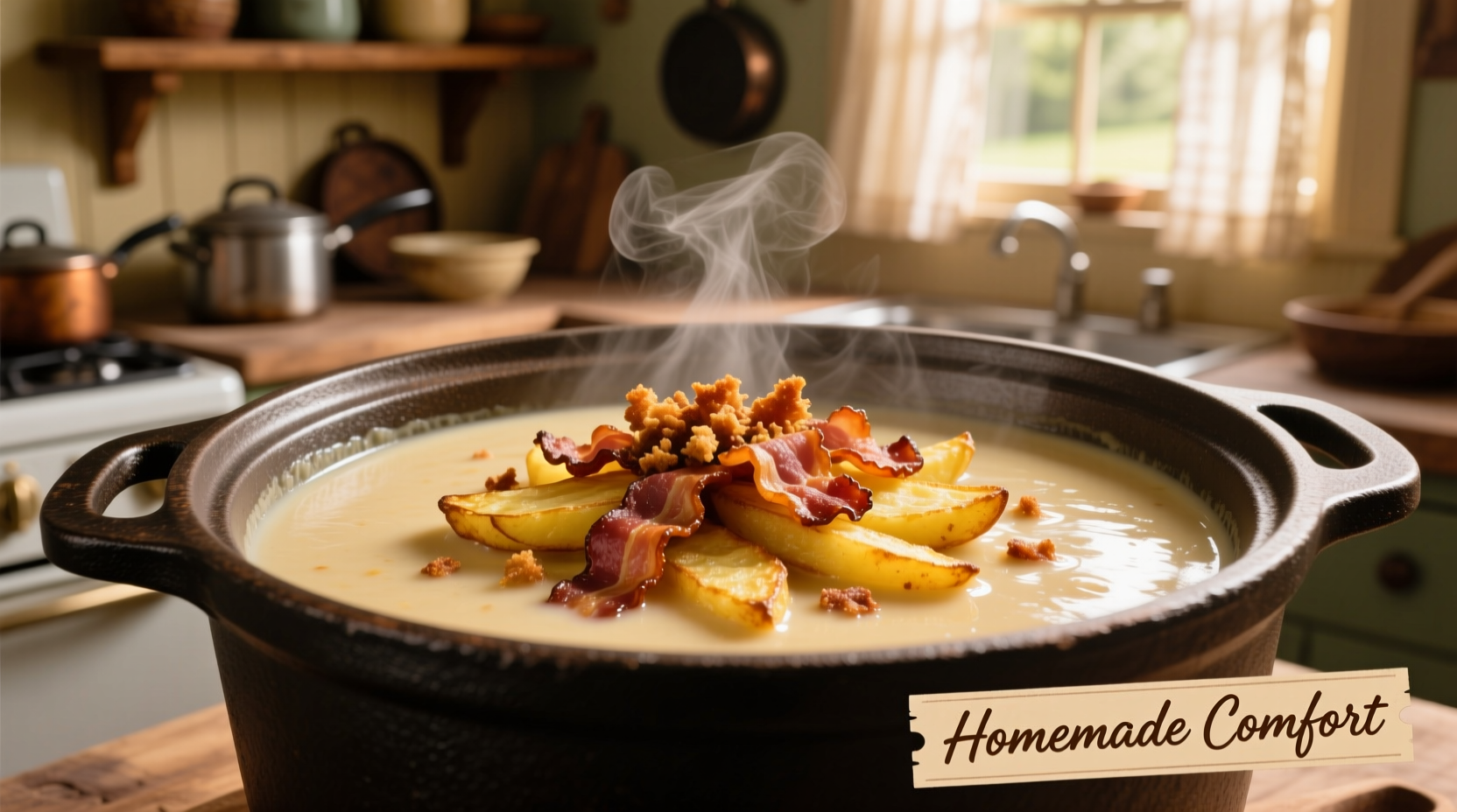 Creamy potato soup in crockpot with hash browns and bacon topping