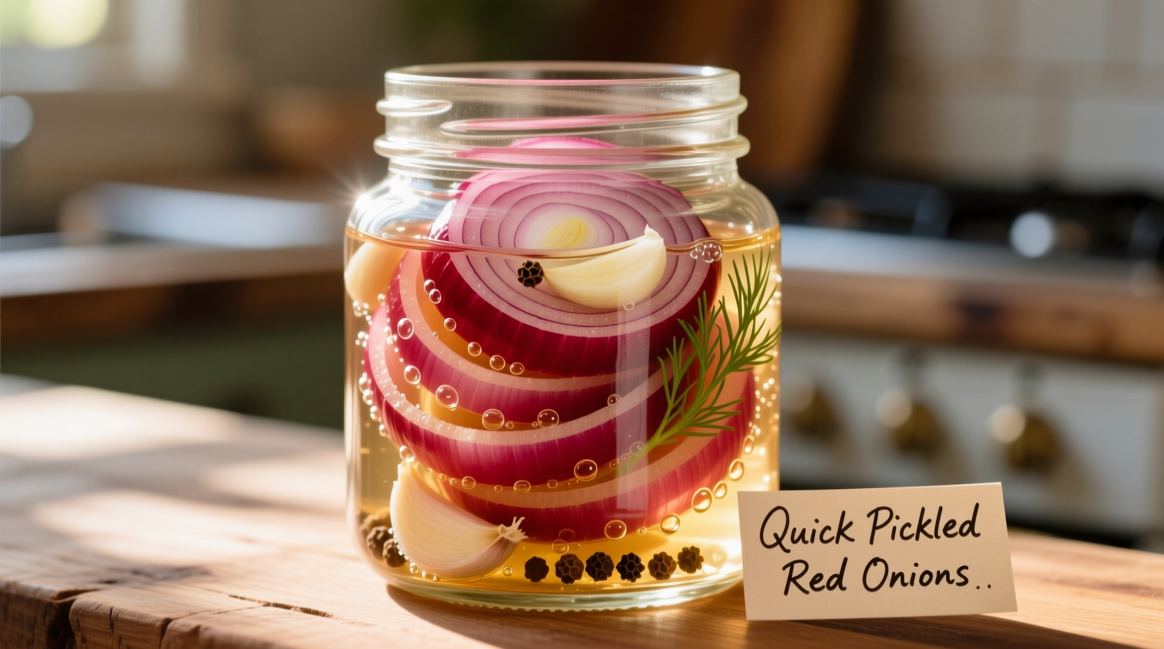Crisp quick pickled red onions in glass jar