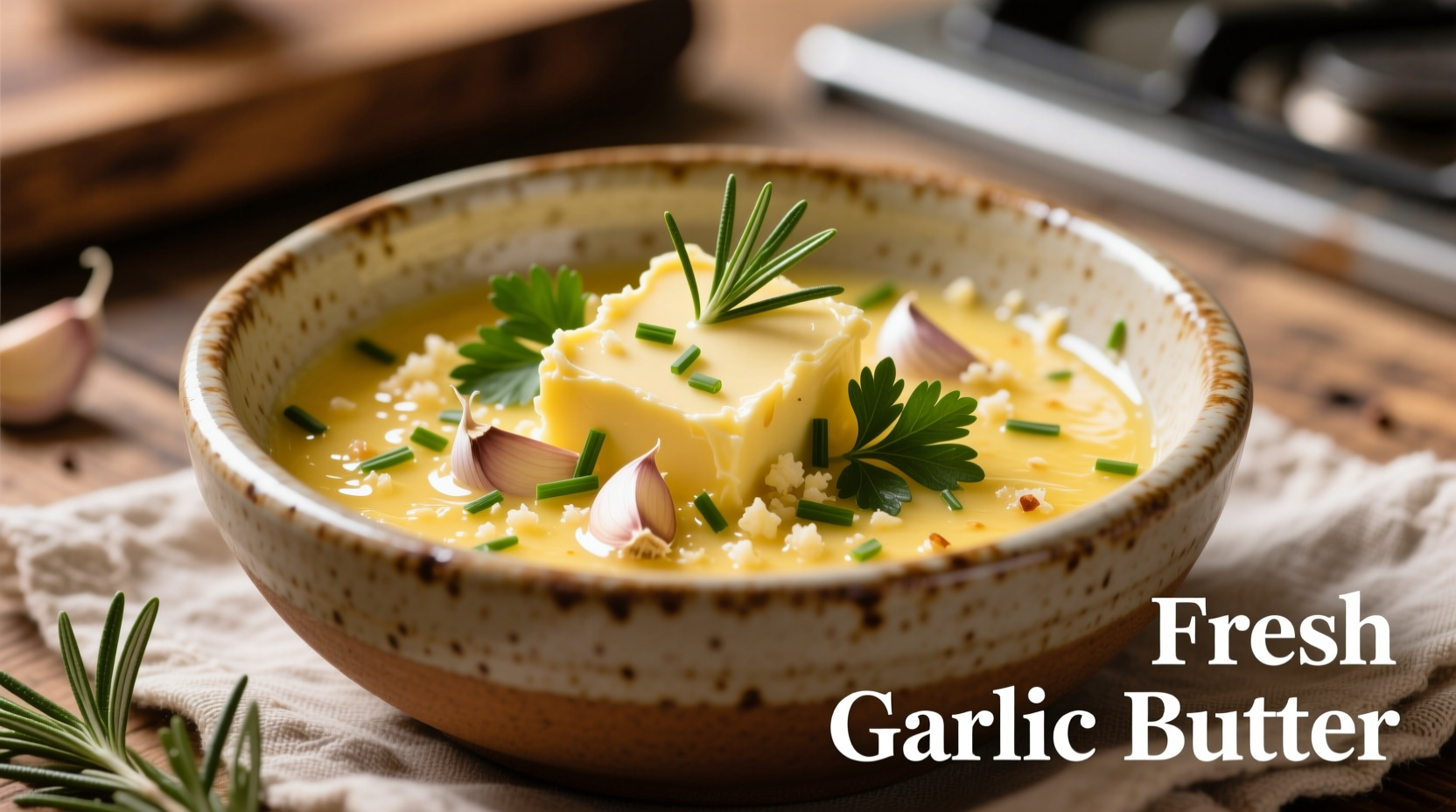 Fresh garlic butter in a ceramic bowl with herbs