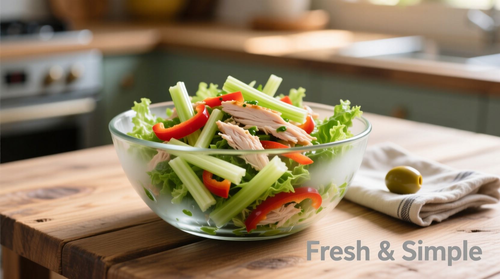 Fresh chicken salad with celery in glass bowl
