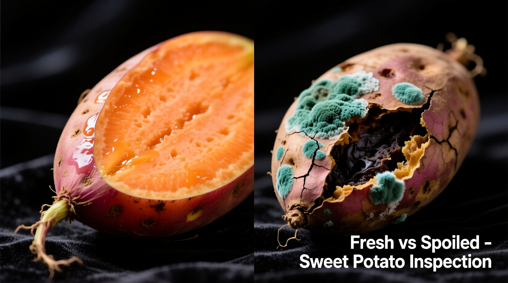 Close-up comparison of fresh versus spoiled sweet potatoes