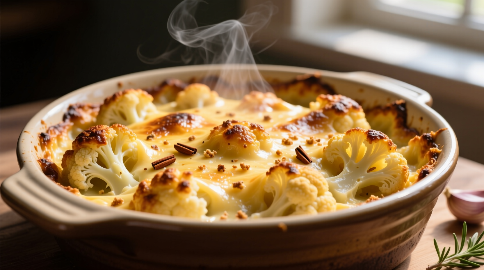 Golden baked cauliflower cheese casserole with crispy top