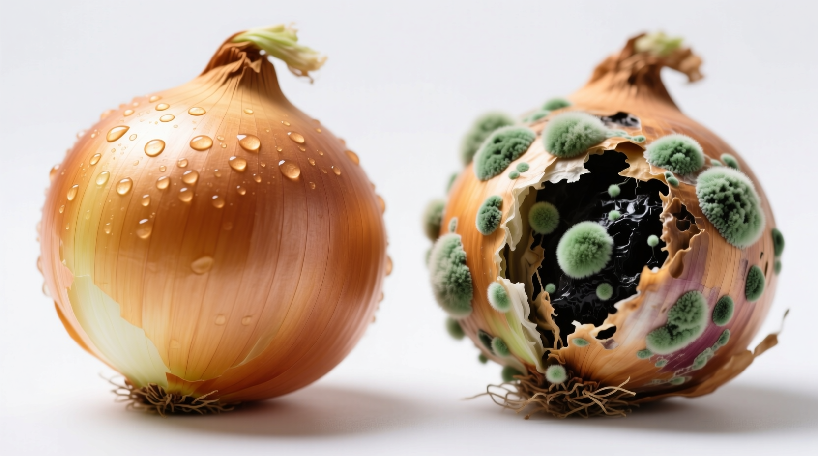 Close-up of fresh versus spoiled onions showing mold and soft spots
