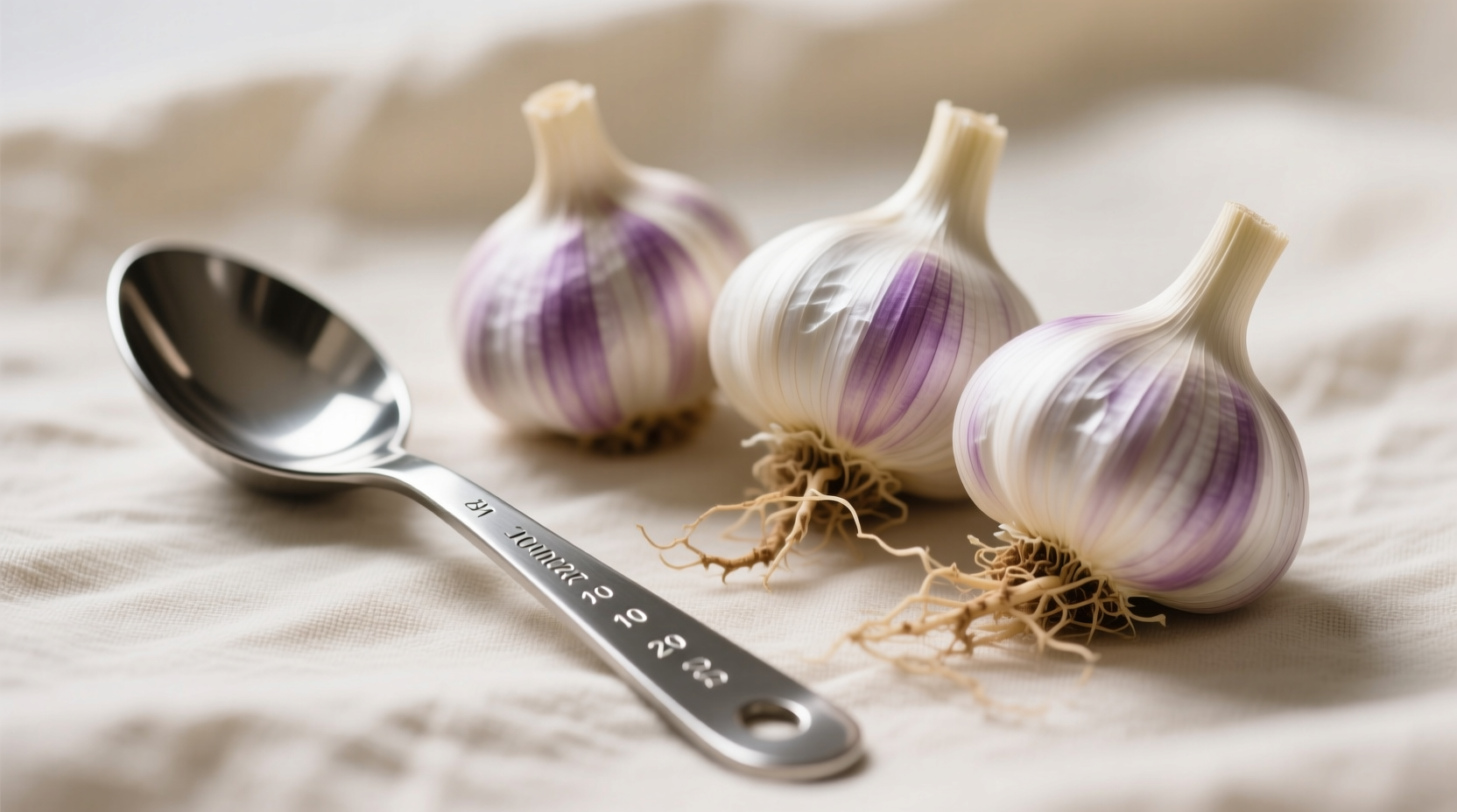 Four garlic cloves next to measuring spoon
