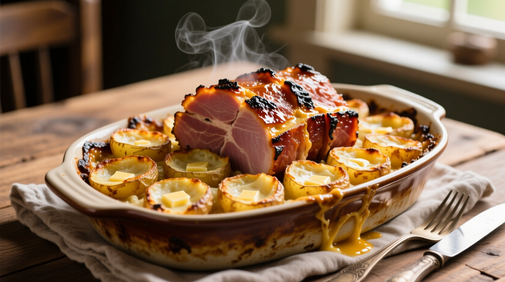 Golden baked ham and scalloped potato casserole