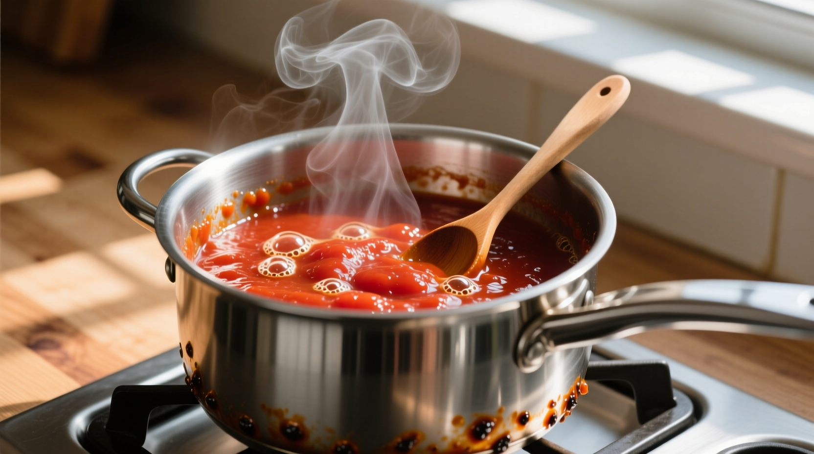 Homemade tomato paste simmering in stainless steel pot