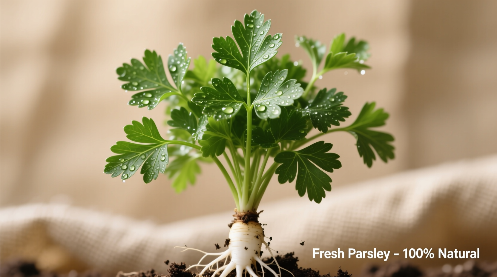 Fresh rooted parsley with vibrant green leaves and white taproot