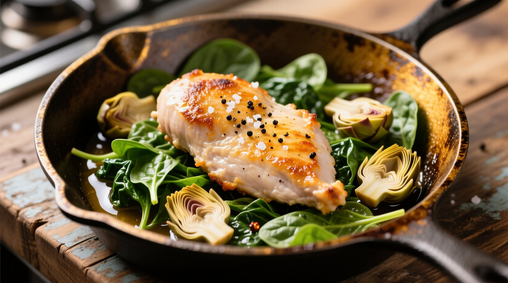 Pan of golden chicken with spinach and artichokes