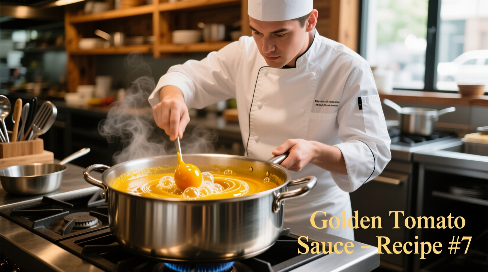 Chef preparing yellow tomato sauce in stainless steel pot