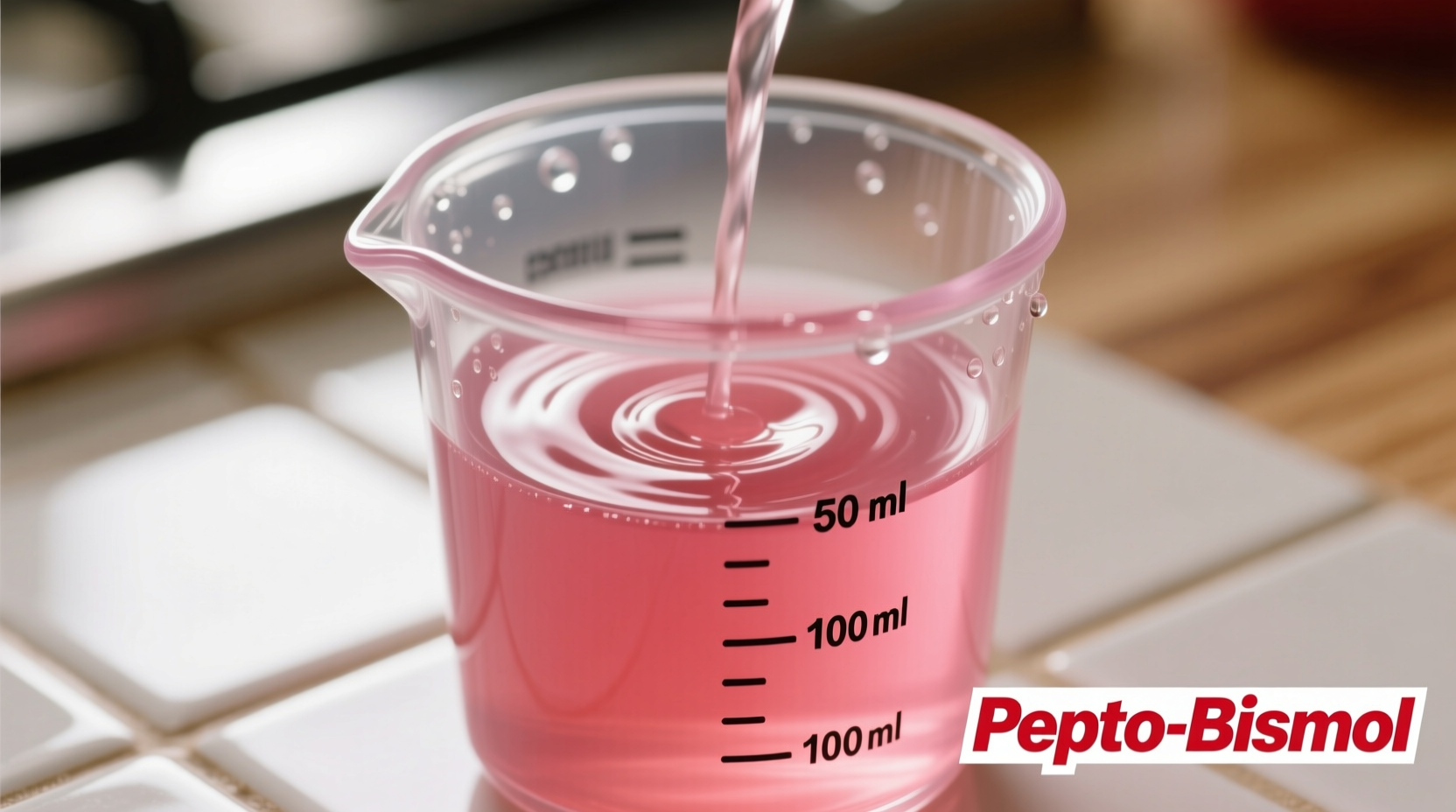 Close-up of Pepto-Bismol liquid in a measuring cup