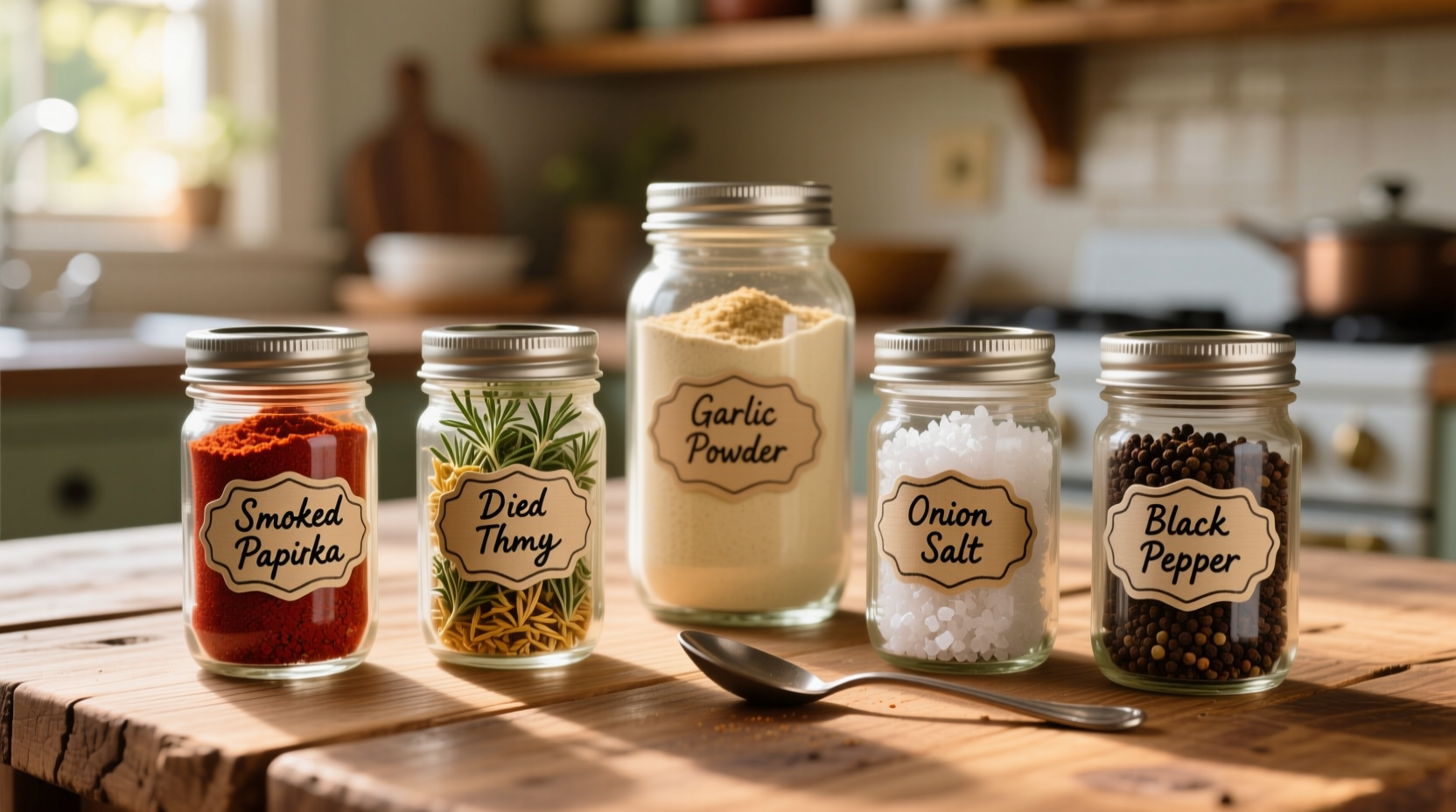 Homemade potato seasoning ingredients in glass jars