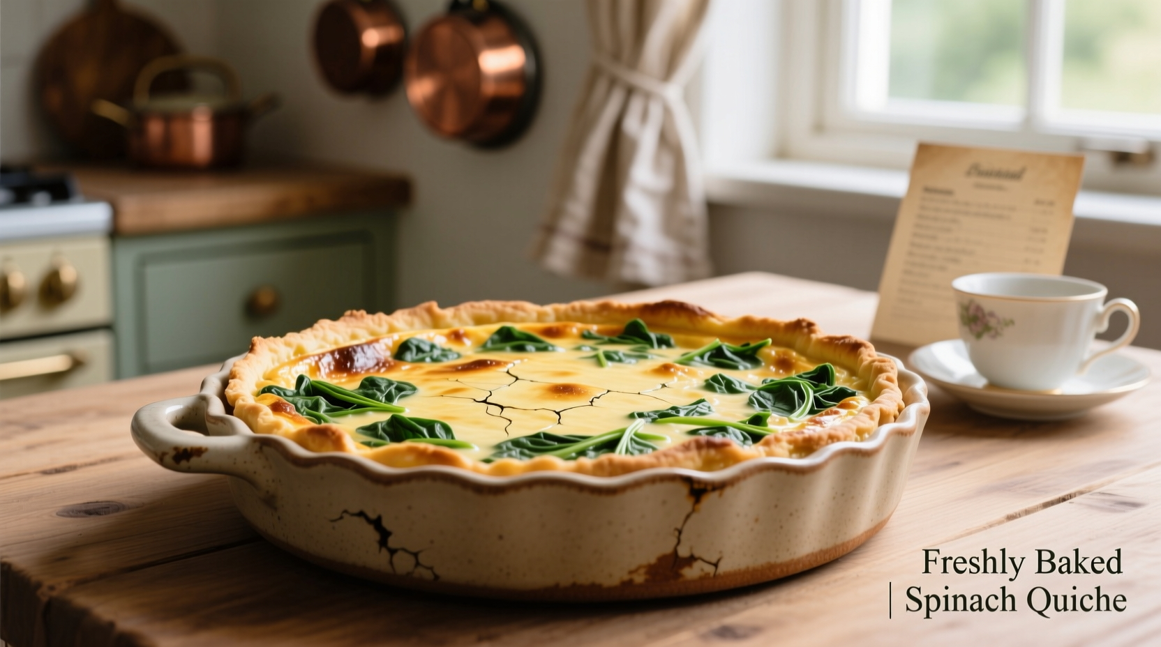 Crustless spinach quiche golden brown in ceramic dish