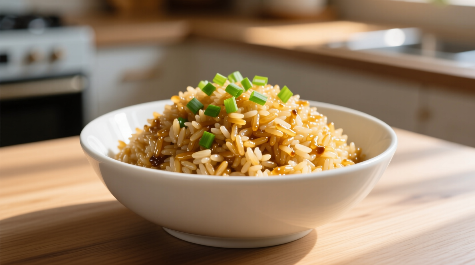 Perfect golden garlic rice in white ceramic bowl