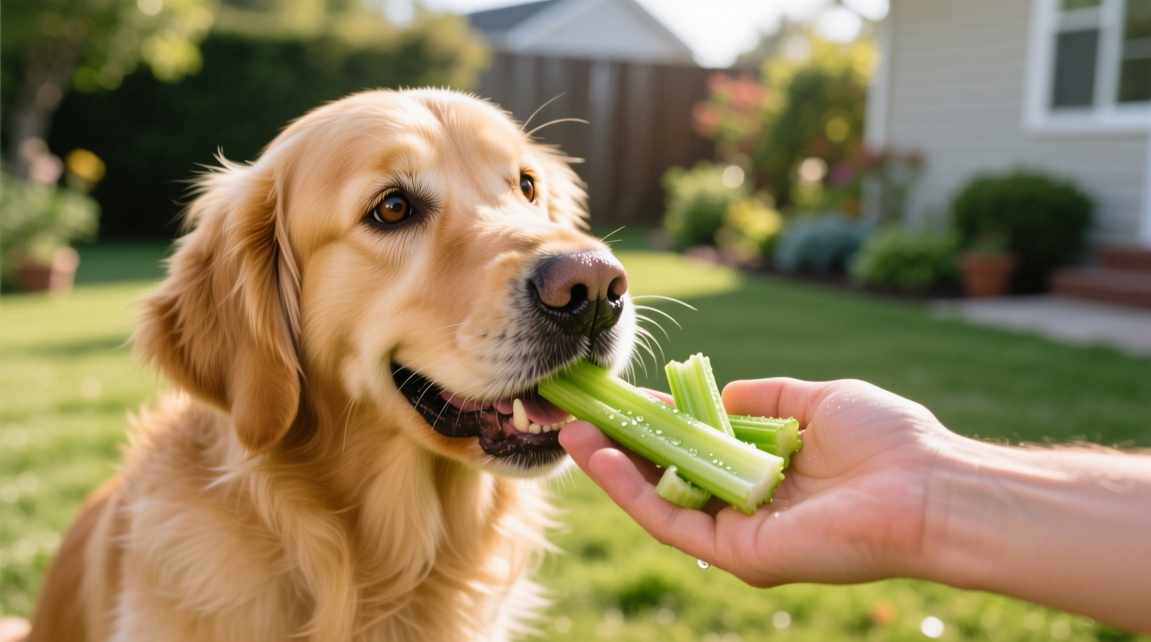 Golden Retriever happily eating celery pieces from owner's hand
