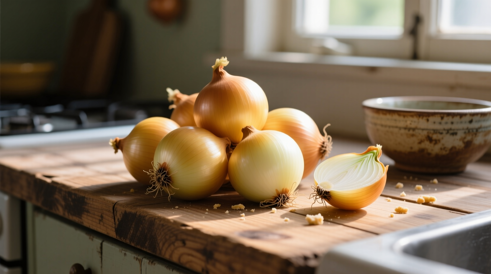 Fresh yellow onions on wooden kitchen counter