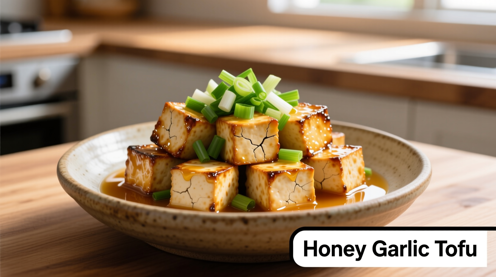 Crispy honey garlic tofu cubes with fresh green onions