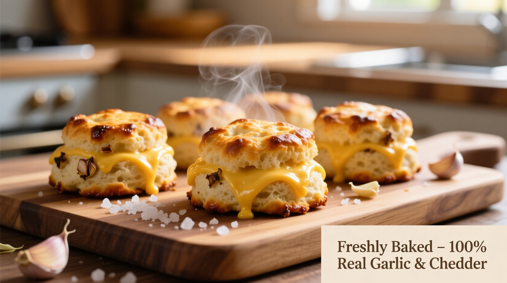 Golden garlic cheddar biscuits fresh from oven